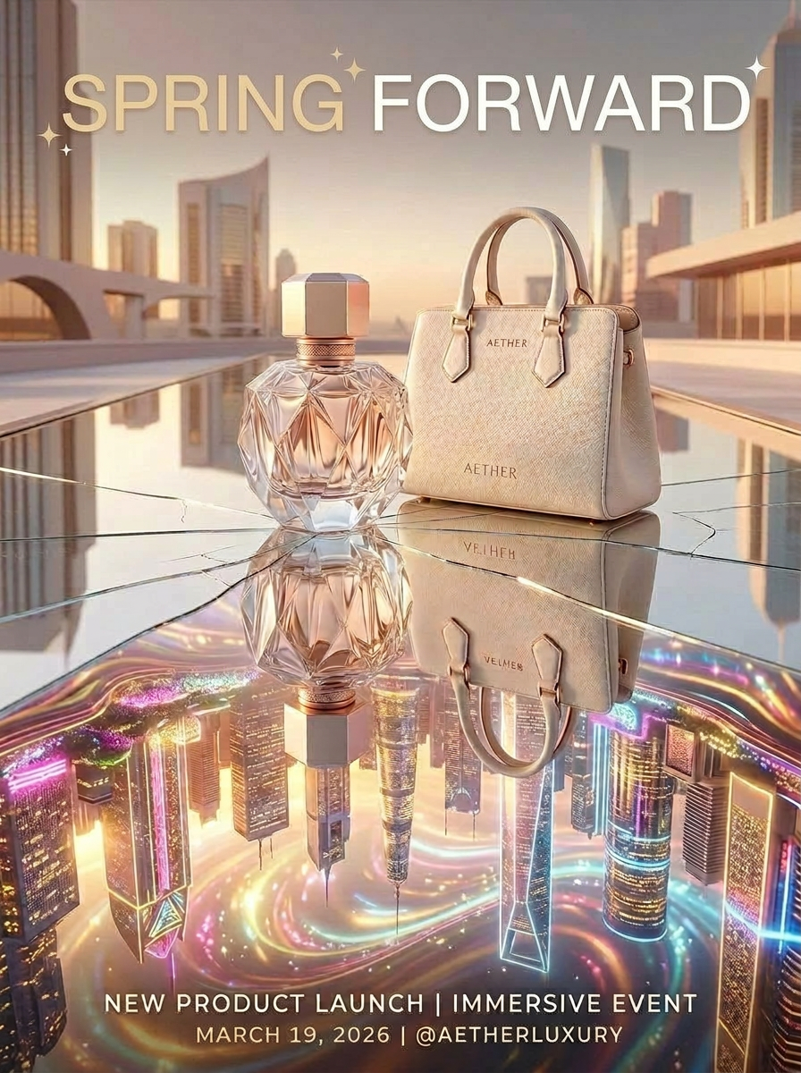 AETHER spring product launch with perfume and handbag